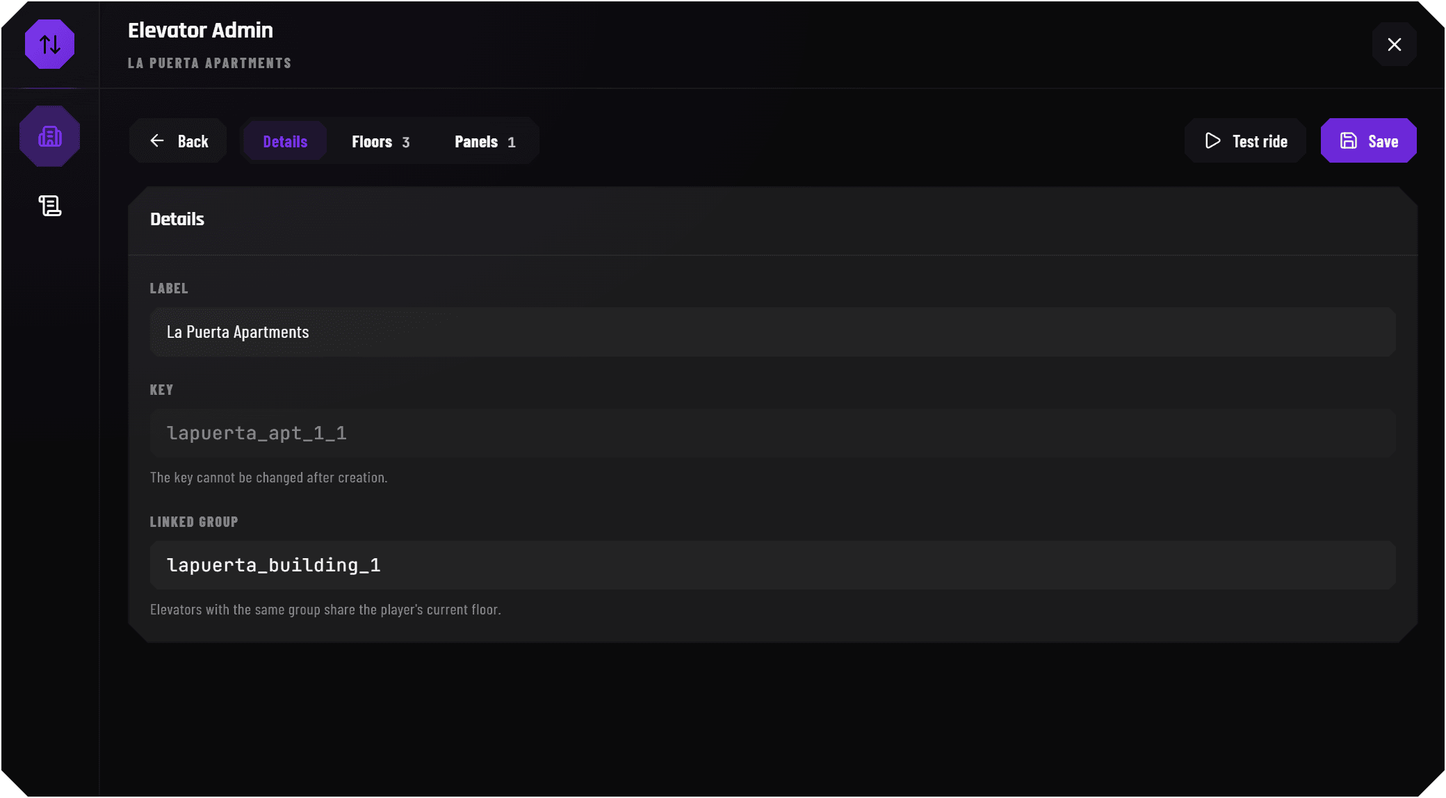 Elevator editor: floors, panels and linked groups
