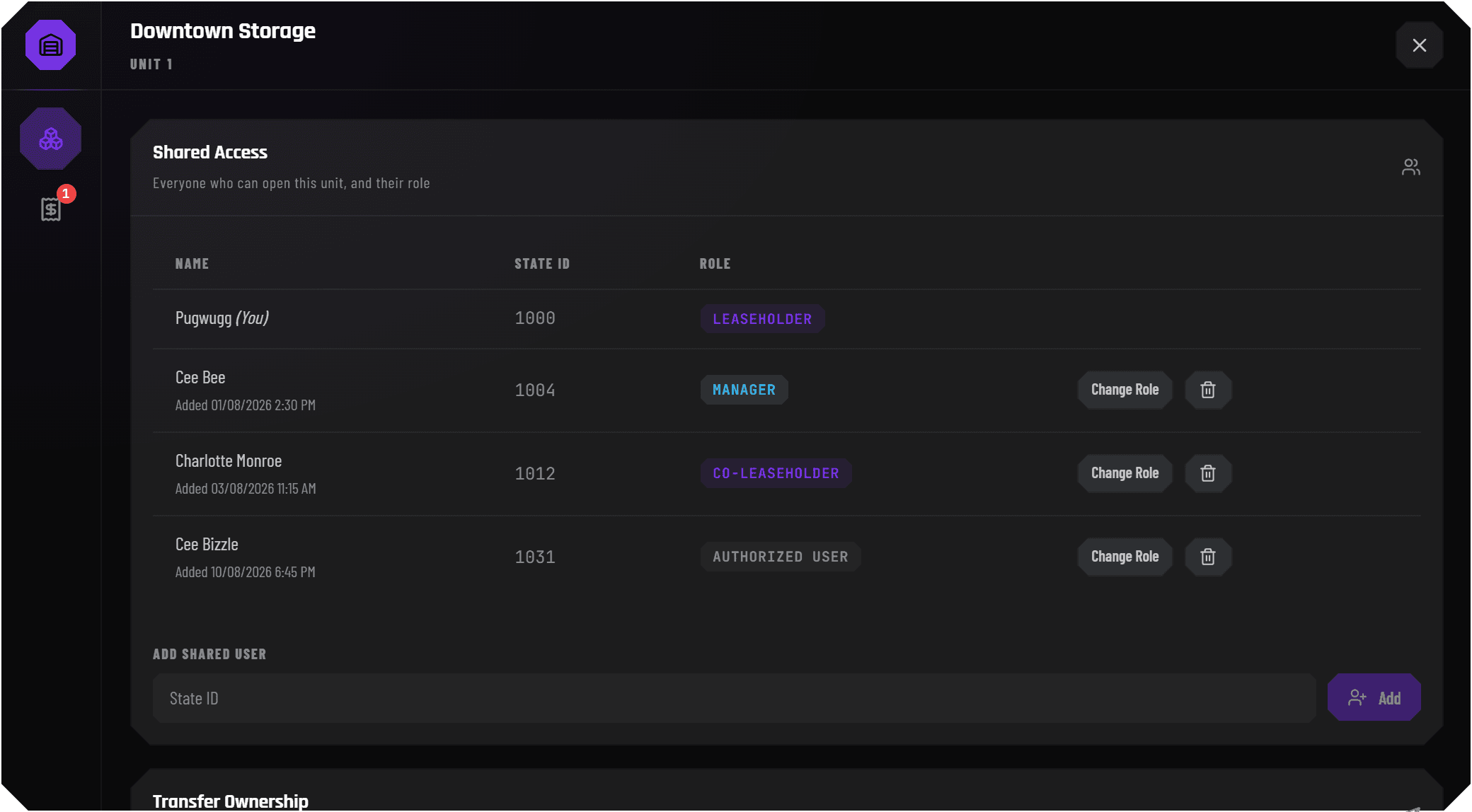 Manage: shared access, roles and ownership transfer