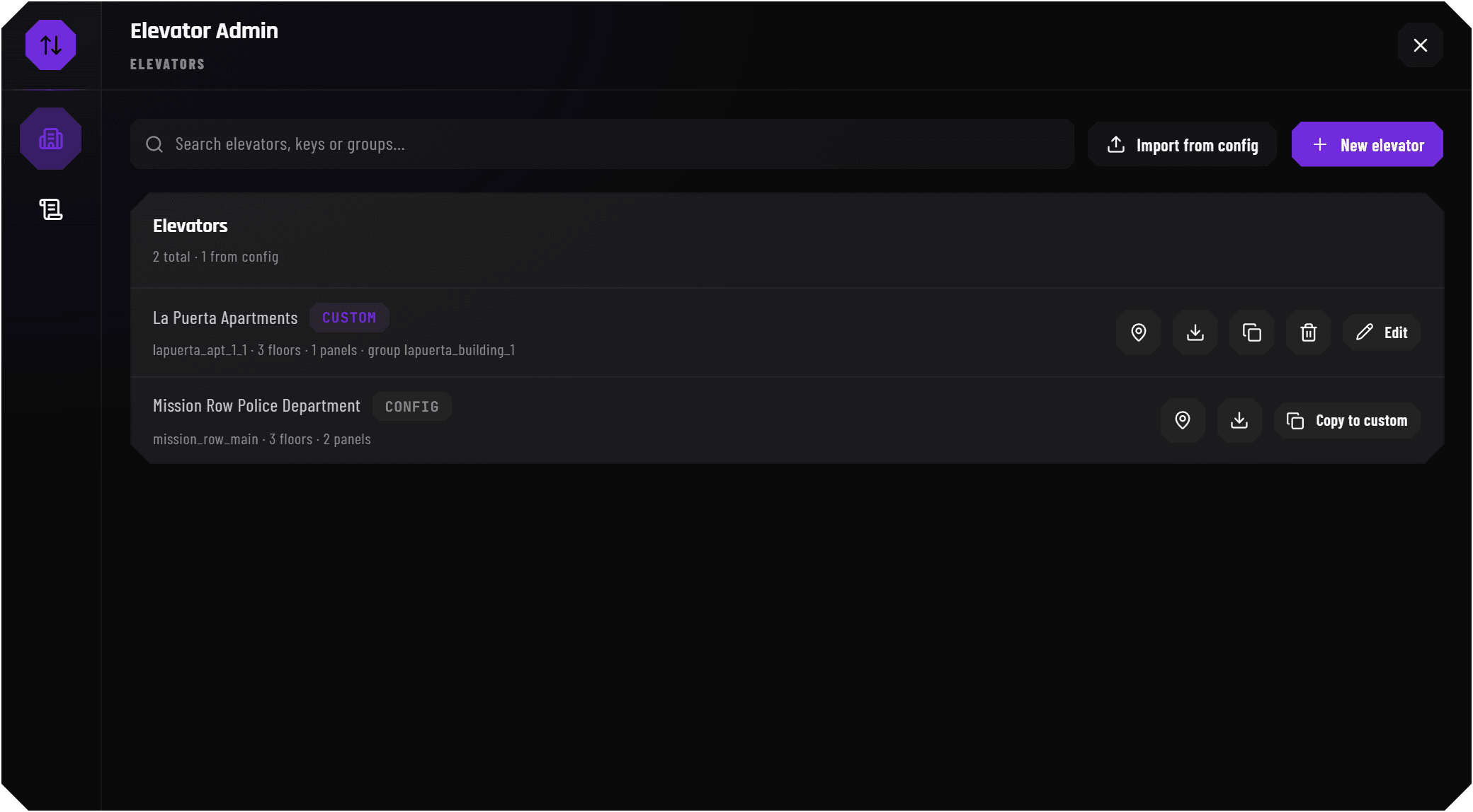 Elevators admin menu
