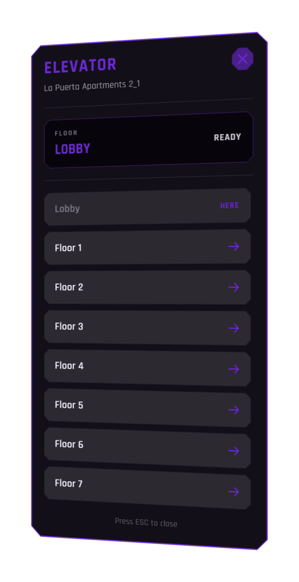 Elevators in-game panel