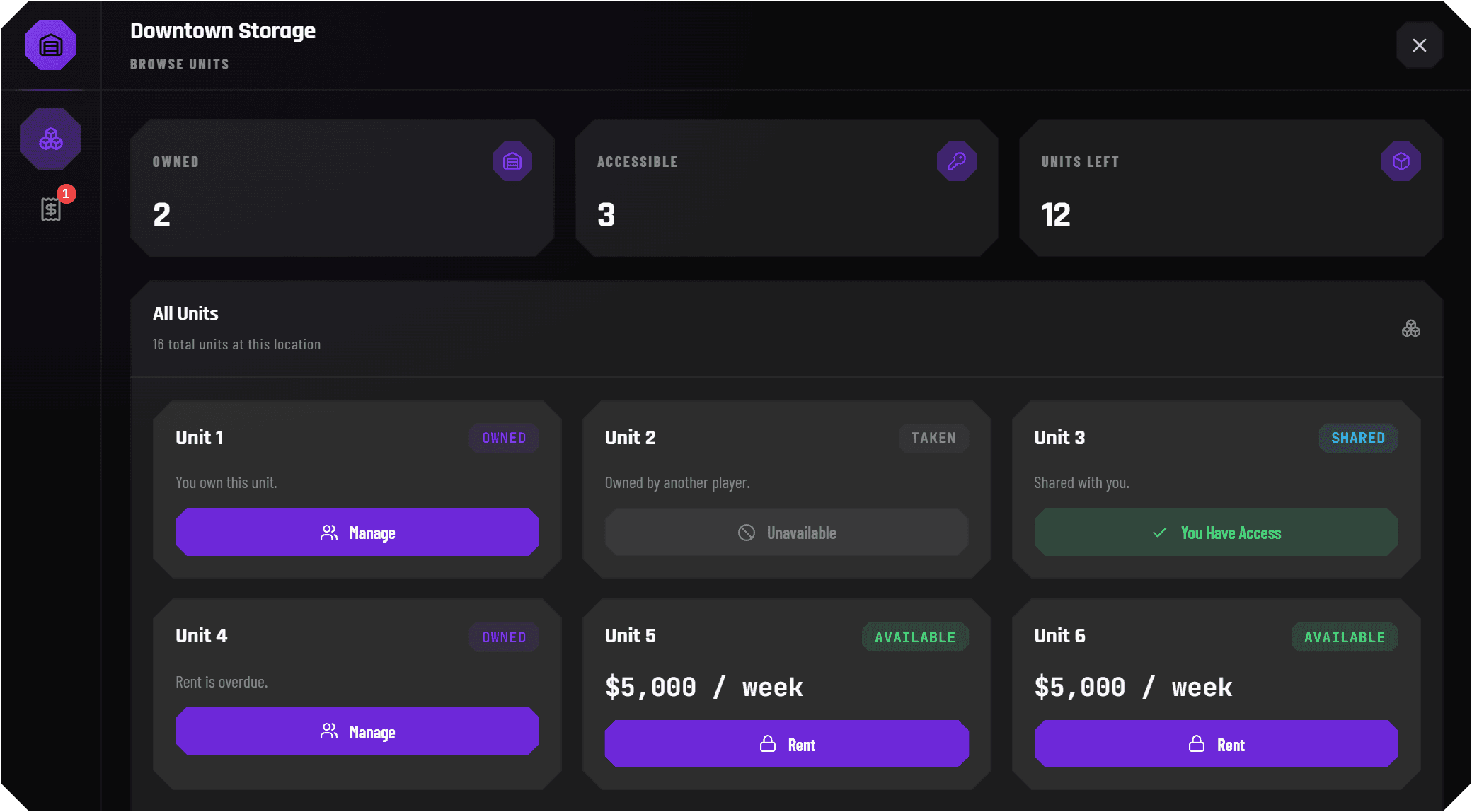 Storage Units interface