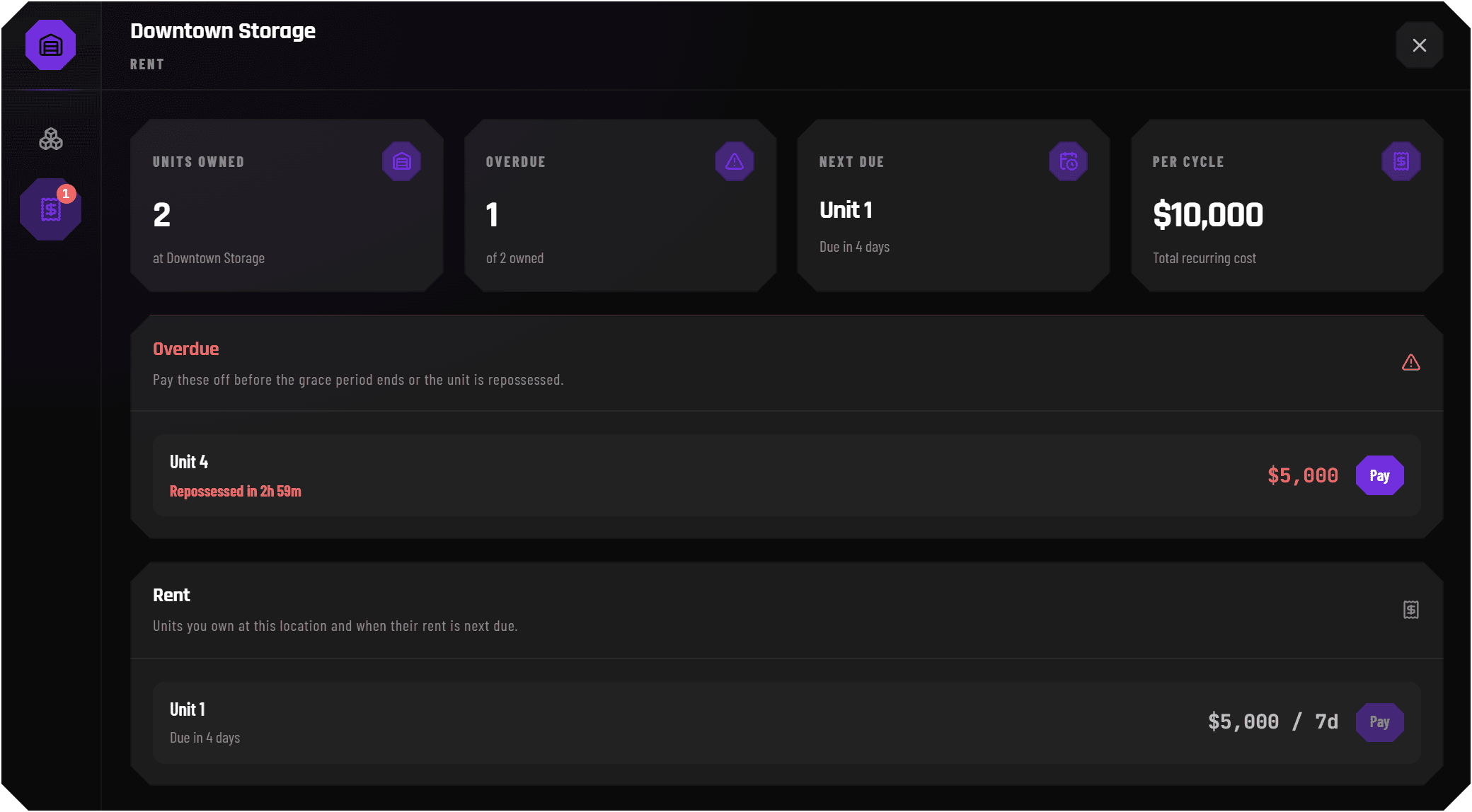 Storage Units interface
